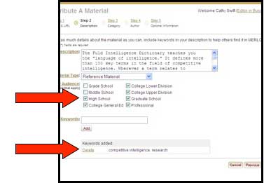 Screenshot of MERLOT "contribute a Material" page with one arrow indicating where to specify the audience and a second arrow specifiying where to enter keywords